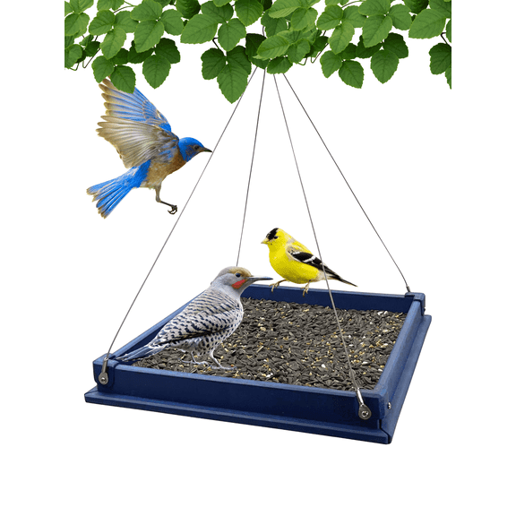 Backyard Essentials Platform Bird Feeder Large Hanging Metal Mesh Feeder, 10 Cup Capacity Blue
