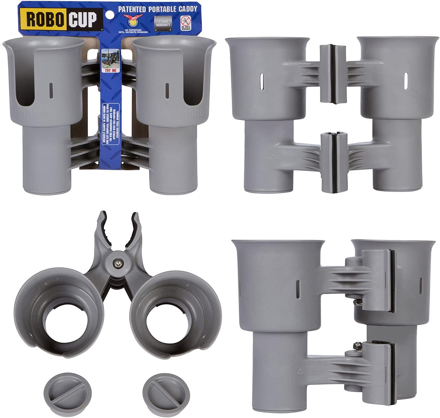 ROBOCUP Gray Ultimate Bundle Portable Clamp-On Cup Holder Set with Plate, Plus & Holster for Drinks, Phones and Accessories