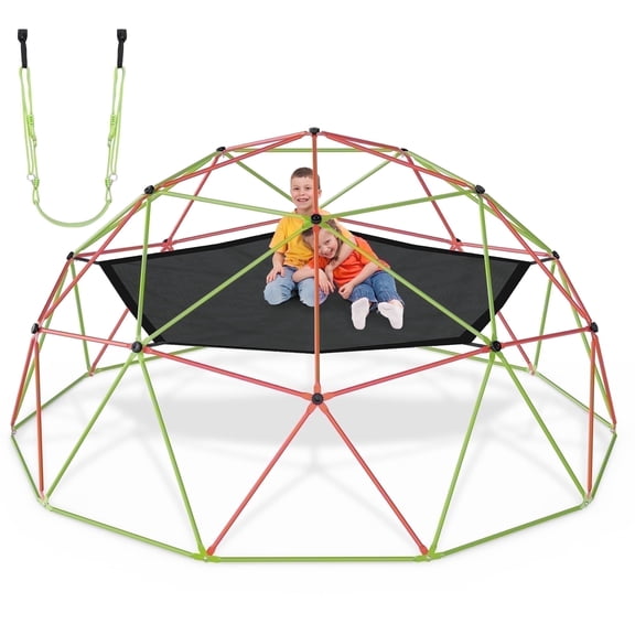 Naipo 10FT Climbing Dome with Hammock Swing Kids Outdoor Jungle Gym Playground Climber 500 lbs Gift for Juniors Orange and Green