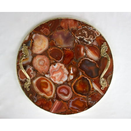 

Red Agate Serving Tray With Brass Handles | Circular