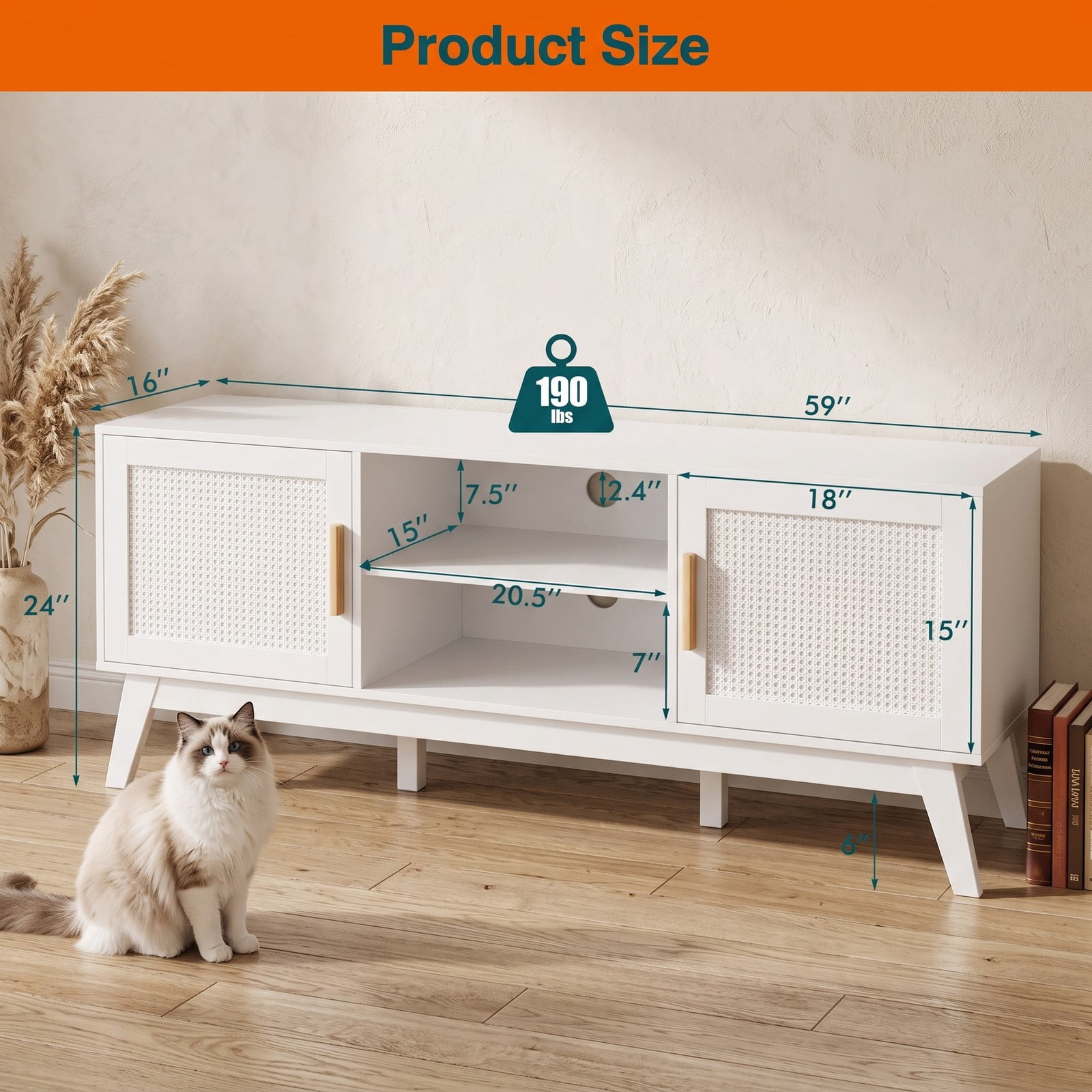 Furnibear TV Stand Entertainment Center Media Console with 2 Rattan Door Cabinets and Open Shelves for TVs up to 65 Inch, Living Room Bedroom Storage Console, White