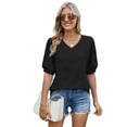 thumbnail image 3 of Womens Puff Short Sleeve Shirt Summer Tops V Neck Casual T Shirts Loose Fit Blouses Black XXL, 3 of 6