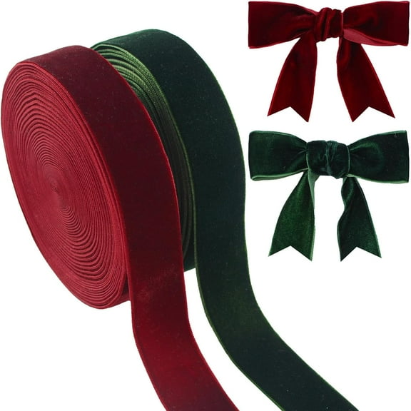 Wine Red and Seaweed Green Velvet Ribbon, 5Yards Per Roll 3.8cm Single Faced elvet Ribbon Vintage Silk-Soft for Wedding Christmas Decor