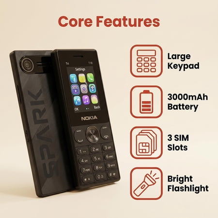 T18 Senior Feature Phone, 1.77 Inch Small Screen, Triple SIM Triple Standby, 3000mAh Battery, Built-in Flashlight, Loud Volume Calls, and Bluetooth Connectivity, for Elderly Use, Black