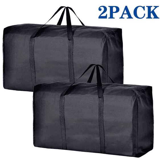2-Pack Heavy Duty Moving Bags, Large Storage Totes with Handles & Zippers, Black, for Clothes Dorm Travel Home Organization