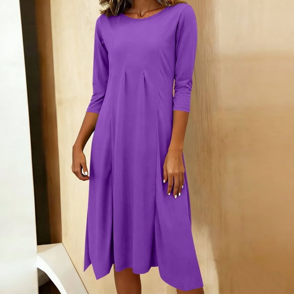 Gamivast Casual Dress for Women A Line Crew Neck Midi Dress 3/4 Sleeve Tshirt Dress Solid Pleated Dress With Pockets for Daily Office