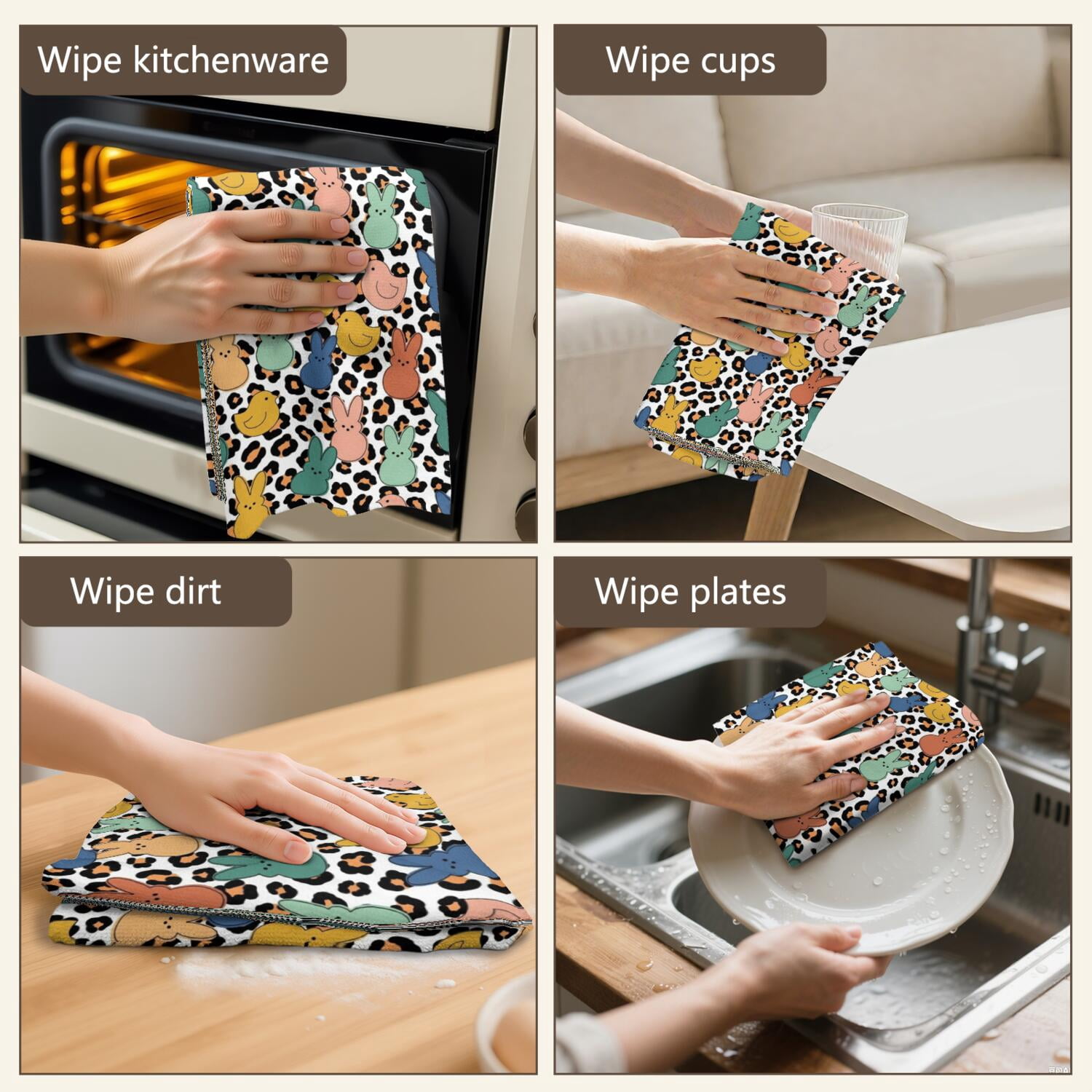 4 Pcs Funny Kitchen Towels, Easter and Leopard White Pattern Microfiber Dish Towels 18"x26", Decorative Tea Towel Set