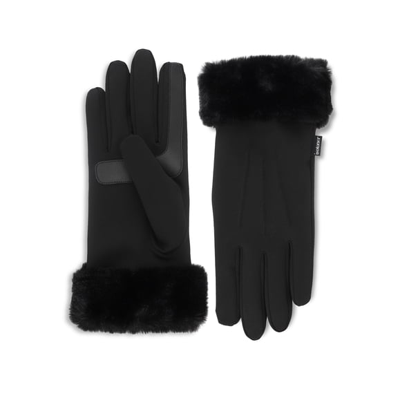 Isotoner Women's Ultraplush Spandex Gloves with Faux Fur Cuff, Black, L/XL