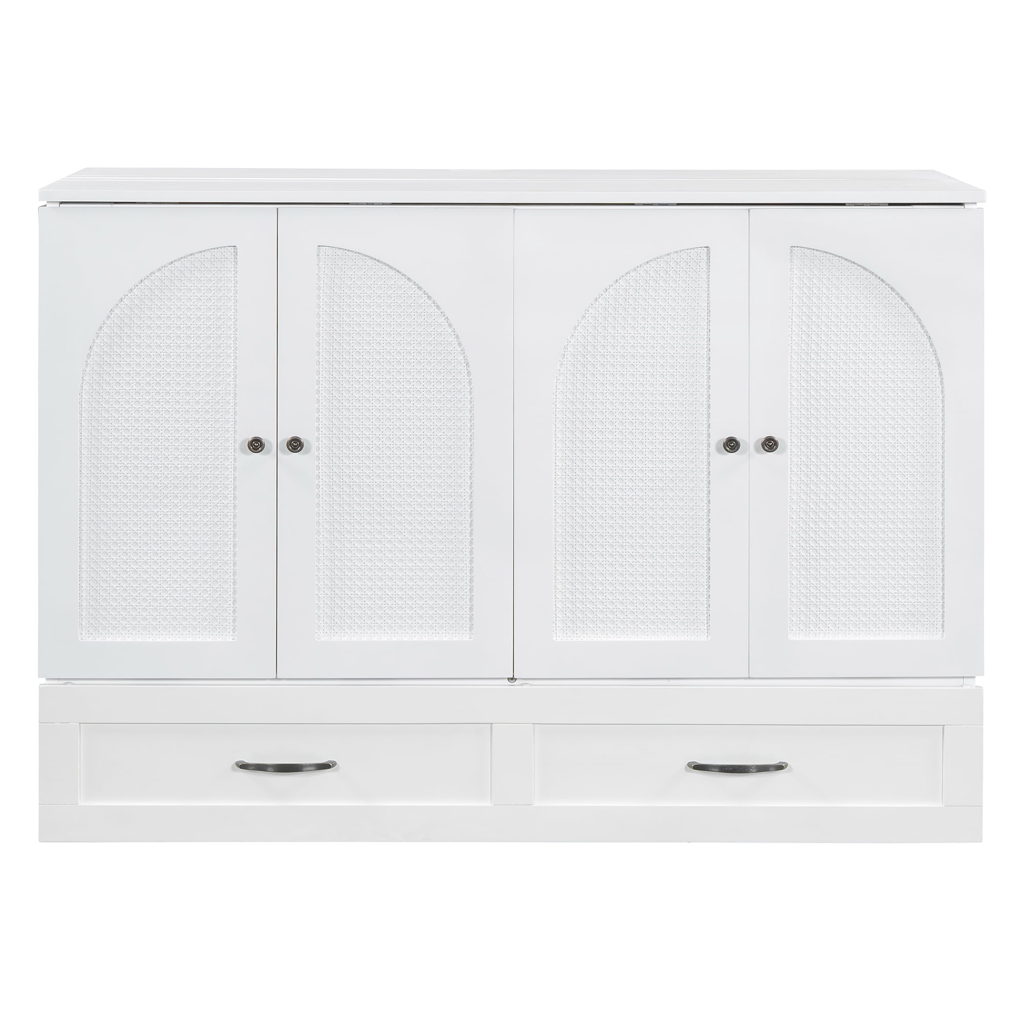 Harper & Bright Designs Rattan Full Size Murphy Bed, Wooden Full Murphy Bed Frame with Large Drawers, Folding Wall Chest Cabinet Bed for Guest Room, White
