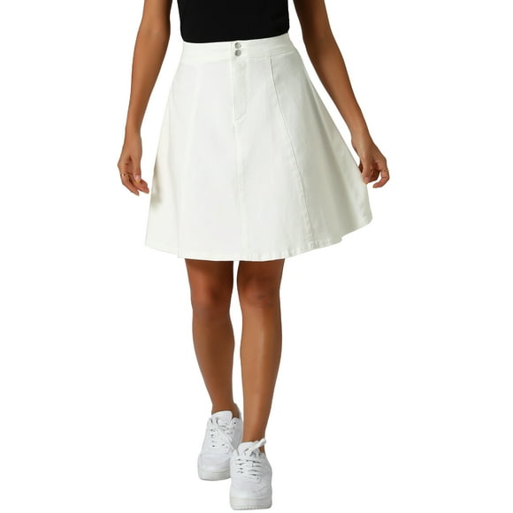 Unique Bargains Women's Casual High Waist A-Line Flared Pleated Midi Denim Skirt White L
