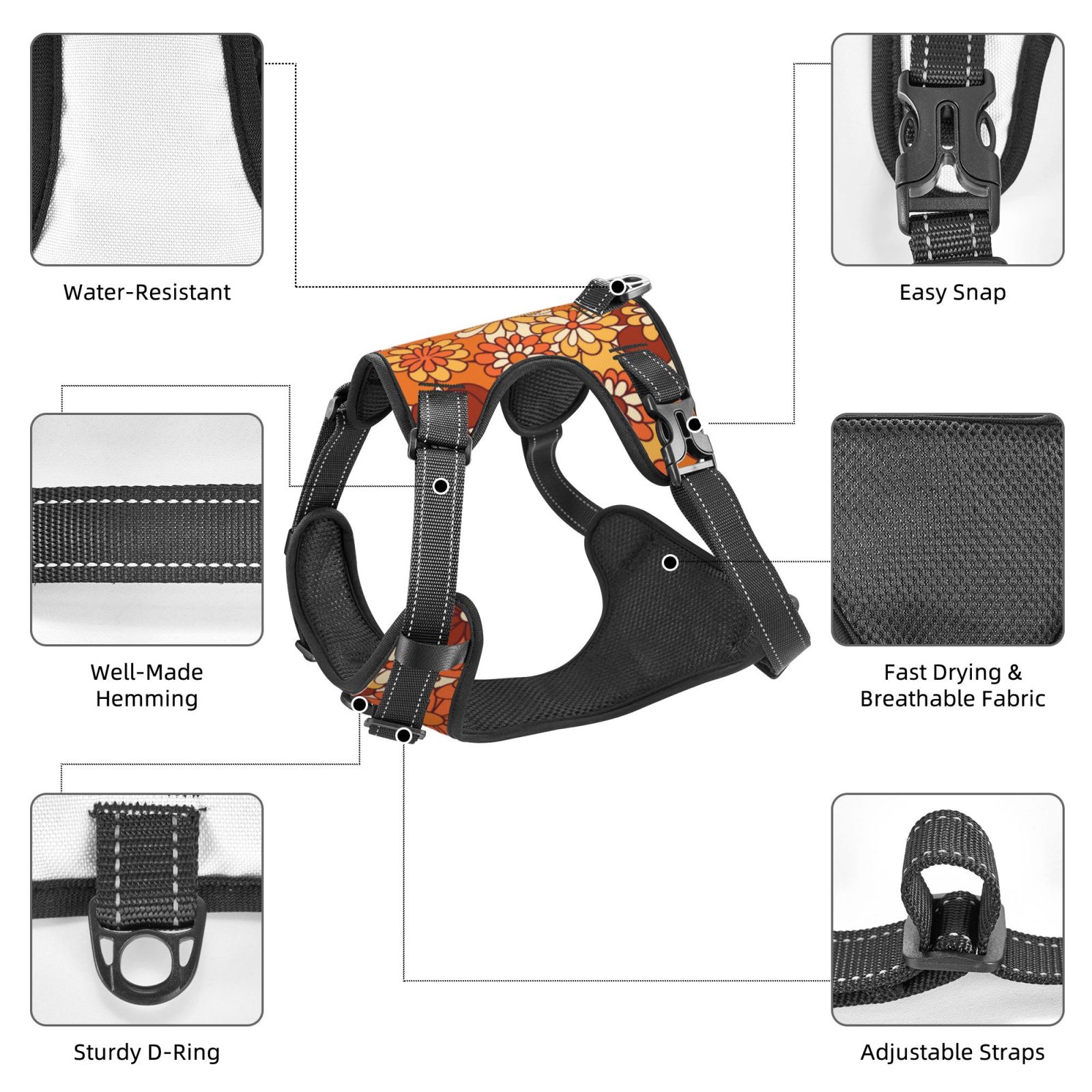 Fuzoiu Hippie Flower Print Reflective Dog Harness,Adjustable, Breathable Pet Vest,Dog Harness No Pull,No Choke Pet Vest for Small, Medium, and Large Dogs-X-Large