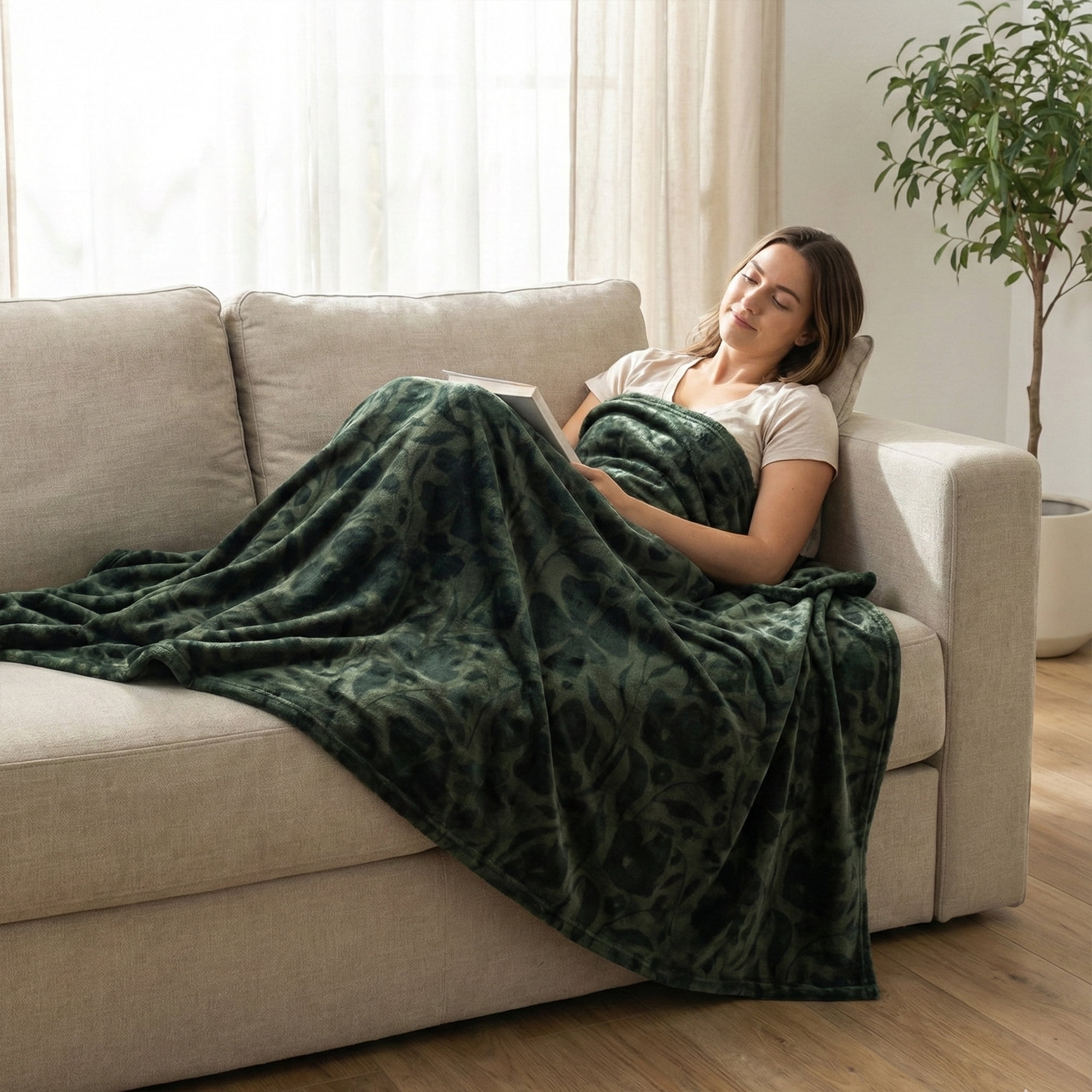 Americanflat Throw Blanket - 50x60 Inch Printed Fleece - Floral Design - Lightweight Warmth - Green