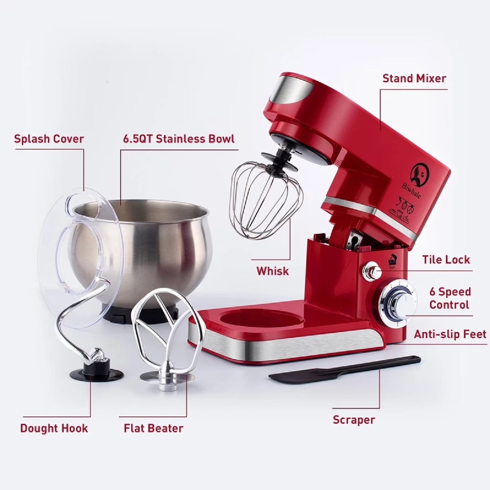 Eurhowing 6.5 QT Stand Mixer 600W, 6-Speed Tilt-Head Electric Kitchen Mixer with Dough Hook, Whisks, Beater & Stainless Steel Bowl for Bread Cake Baking, Home Use