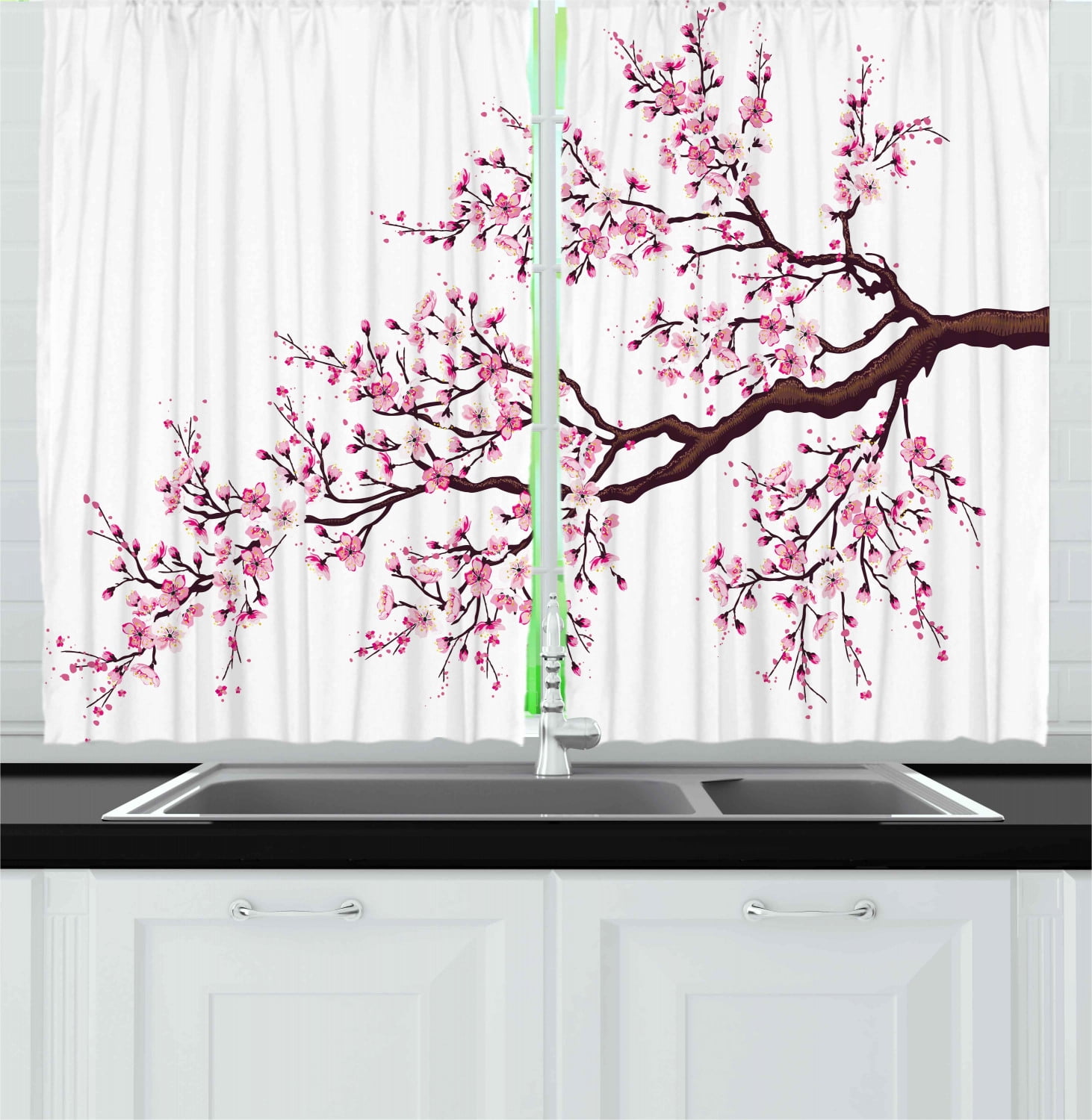 Japan Lanterns and Cherry Blossoms Window Drapes Kitchen Curtains 2 Panel 55*39" 