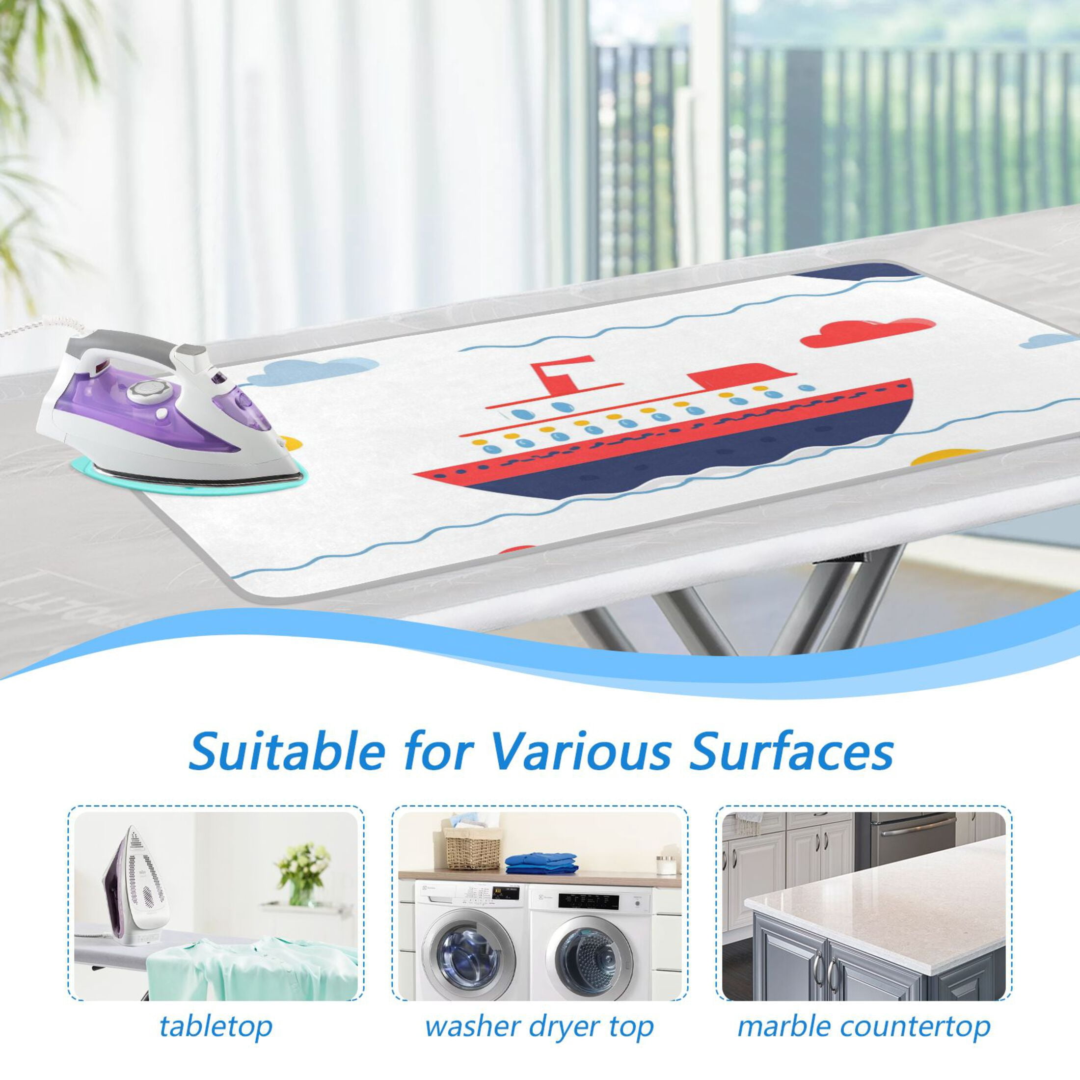 Ships Clouds Sun Cartoon Ironing Mat Blanket Portable Travel Ironing Pad Heat Resistant Pad 47.2" x 27.6”