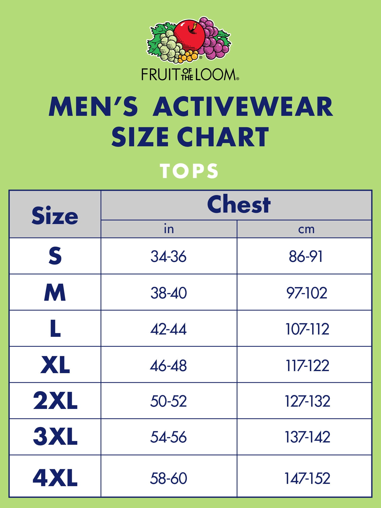 Fruit Of The Loom Men S Boxer Briefs Size Chart