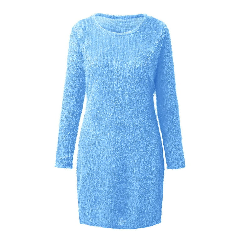 iOPQO Cocktail Dress For Women Skims Dress Women's Fitted Crewneck Solid  Color Dress Long Sleeve Plush Seamed Sweater Dress Wrap Dress Blue M 