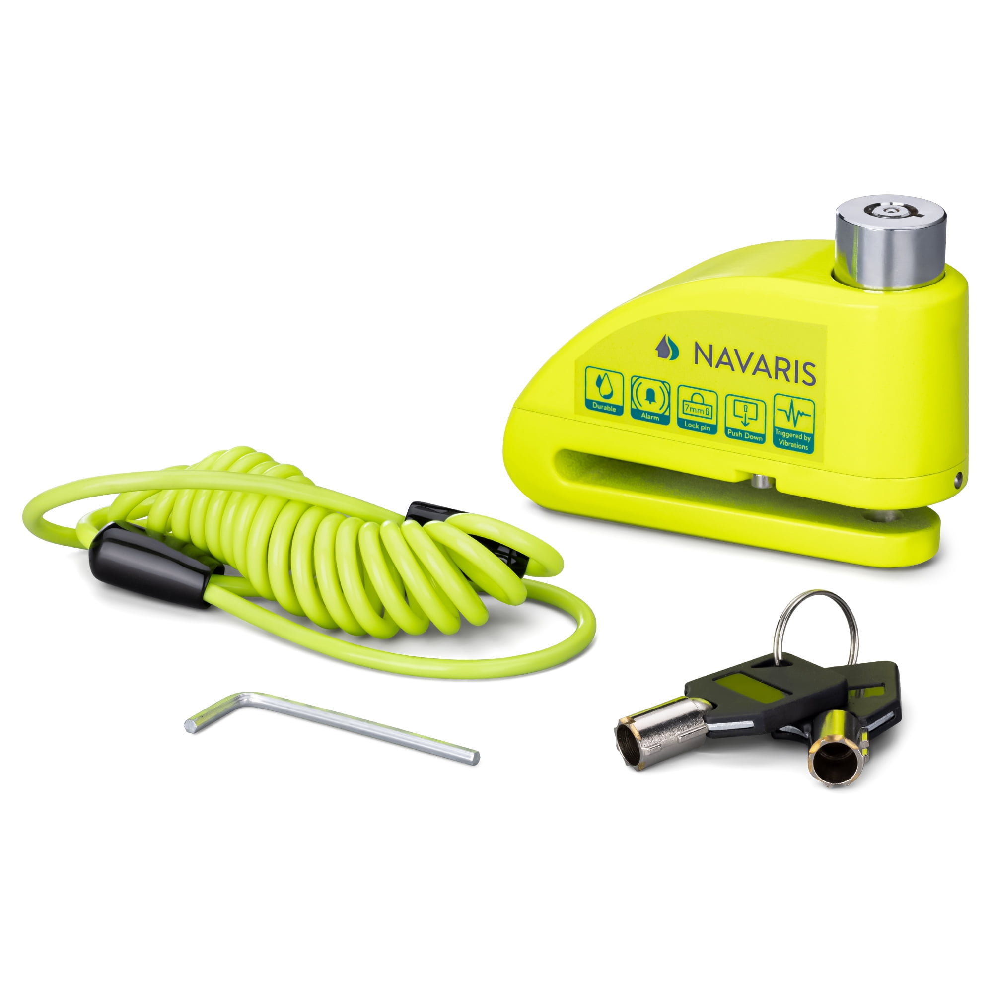Navaris Motorcycle Disc Lock with Alarm - 110dB Anti-Theft Brake Wheel Caliper Lock with 4FT Reminder Cable for Motor Bike, Scooter, Moped - Green