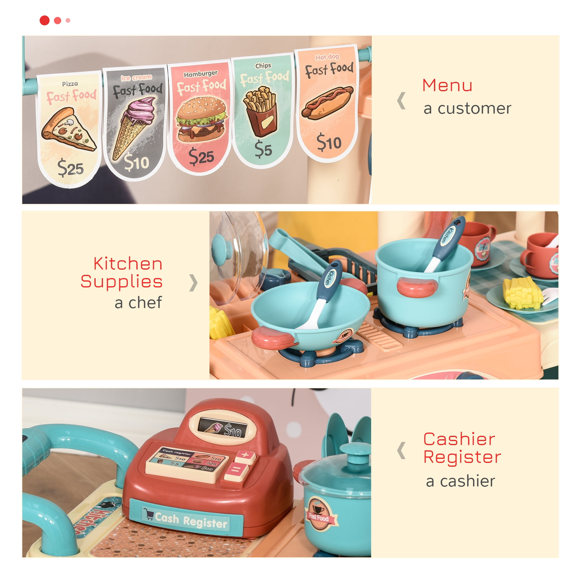 Kids Food Stand Playset 50 Pieces Pushable Kitchen with Cash Register for Ages 3-6 Learning Play