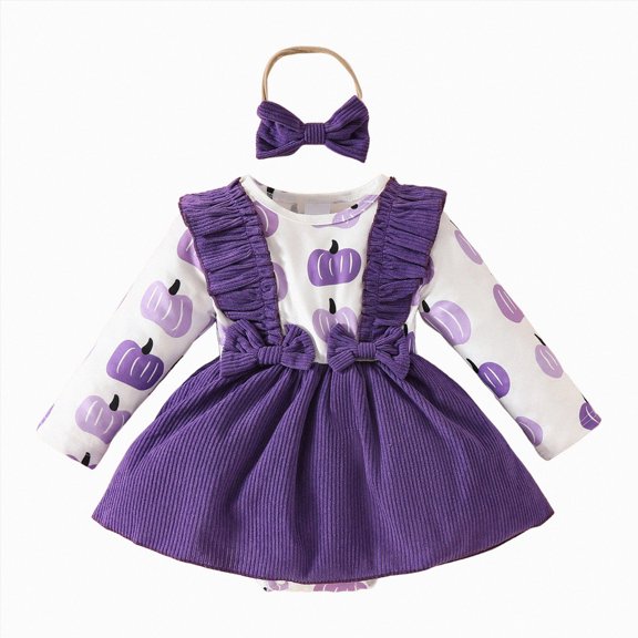 HCNTES My First Halloween Baby Girl Outfit Pumpkin Pie Romper Skirt Happy Thanksgiving Fall Clothes with Headband(Purple,3-6 Months)
