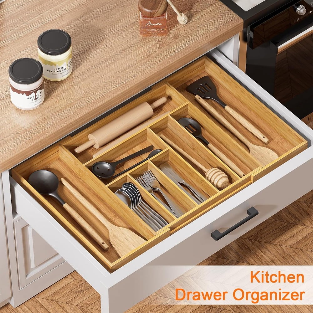Bamboo Utensil Organizer for Kitchen Drawers, Utensil Tray and Cutlery Silverware Holder,Wood Drawer Dividers with 5 Slots