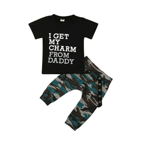 

Caitzr Summer Newborn Baby Boy Short Sleeve Letters T-shirt Top Camouflage Long Pants Set