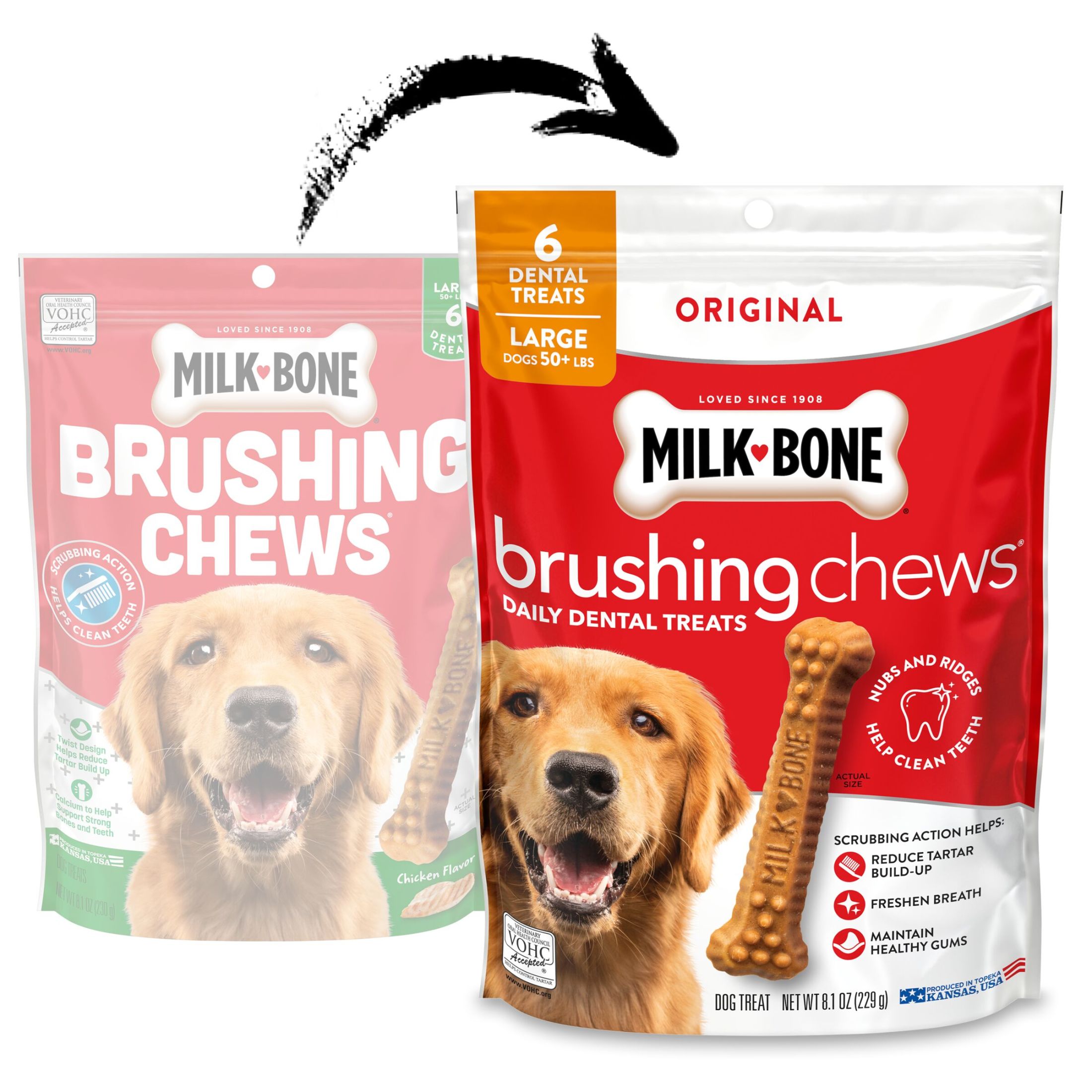 (2 pack) Milk Bone Brushing Chews Original Chicken Flavor Daily Dental Dog Treats, Large, 8.1 Ounce Bag