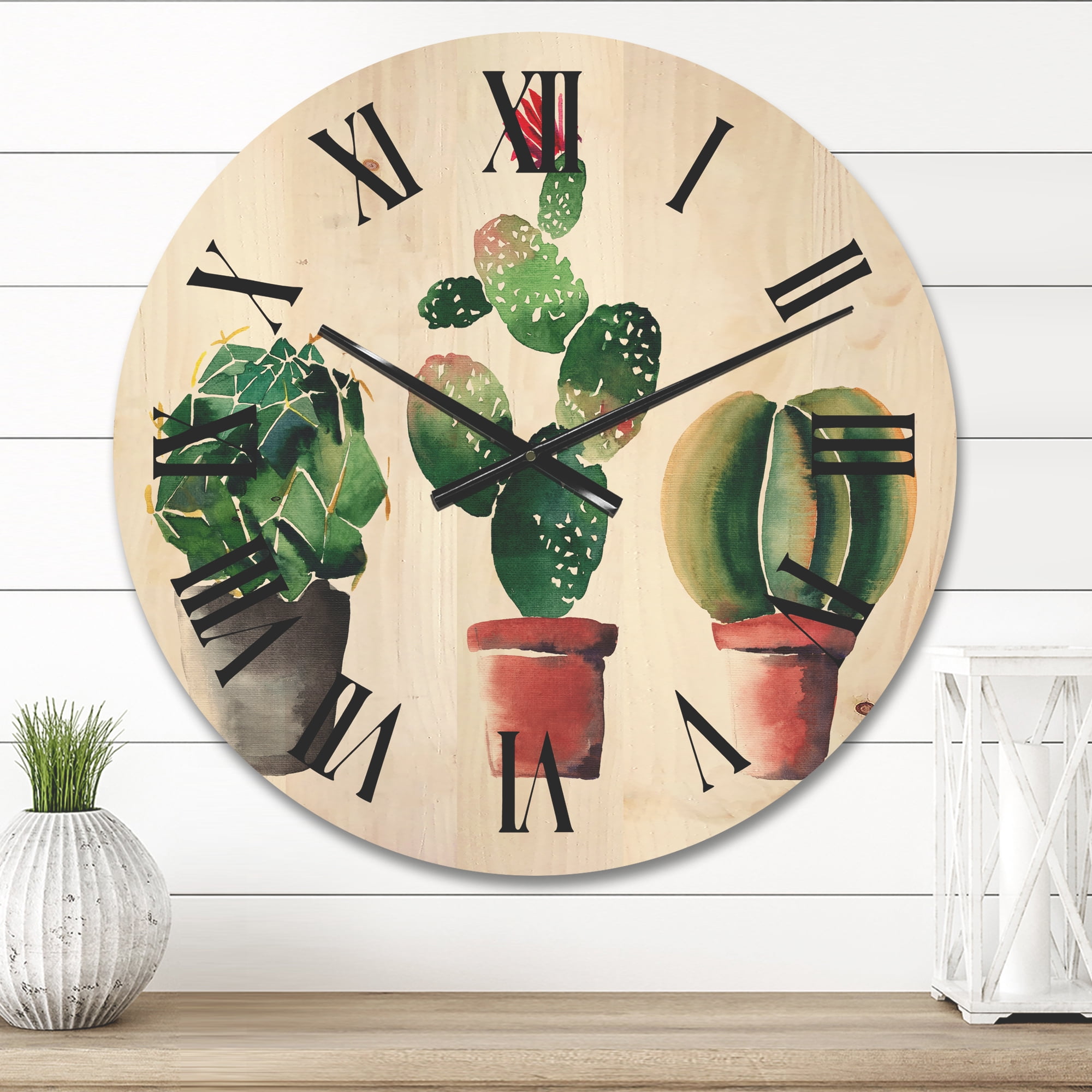 Designart 'Three Cacti In Clay Pots On White' Traditional Wood Wall Clock
