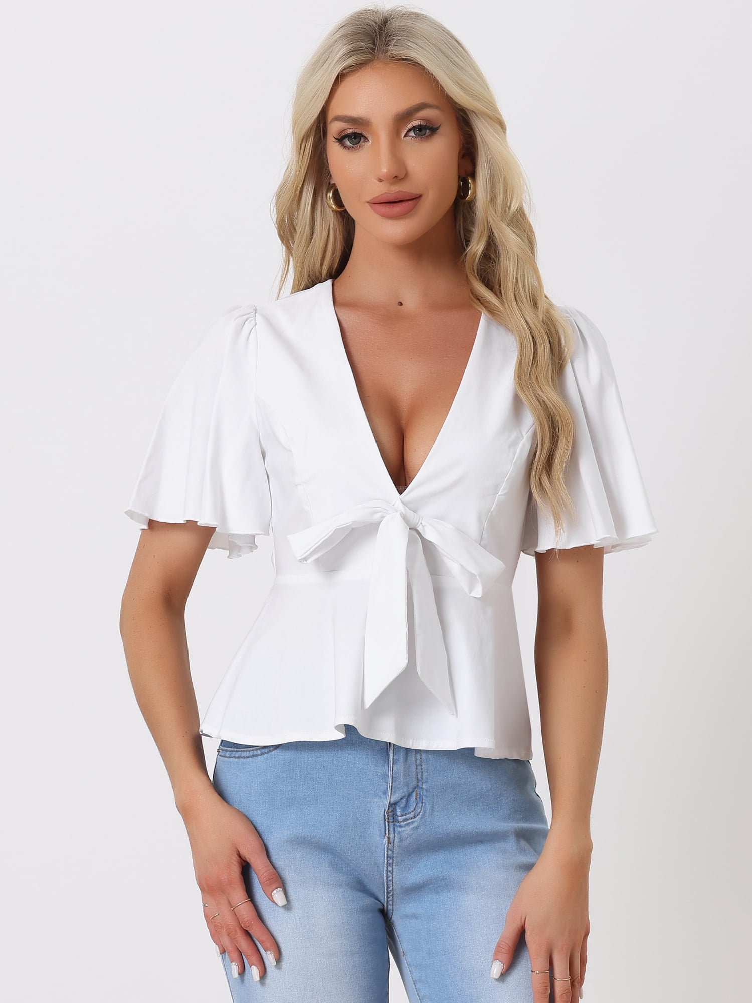 Unique Bargains Women's Peplum Ruffle Sleeve Bow Tie Decor Deep V Neck Sexy Blouse Top S White