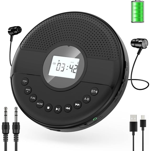 Bluetooth CD Player Portable Rechargeable Anti-Skip CD Music Player for Car/Travel with Headphones and AUX Cable,Home Audio Stereo Speaker