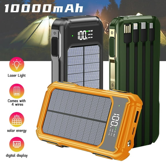 MDHAND Power Bank 10000mAh 4 Cables Fast Charging External Battery Portable Solar Charger Built-in Led Flashlight