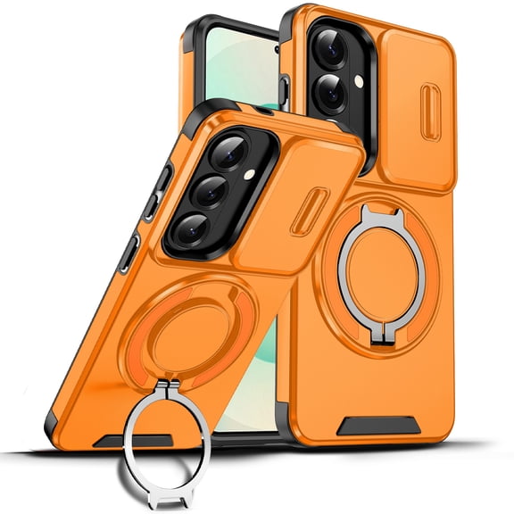 Poweltek for Samsung Galaxy S26 Plus Case with Magnetic Ring Kickstand Cover, Shockproof Heavy Duty Rugged Slide Lens Protection Hybrid PC TPU Phone Cover, Orange