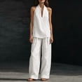 thumbnail image 4 of Textilo Cotton Linen Sets for Women 2 Piece Sleeveless V Neck Halter Top and Wide Leg Pants Solid Color Outfit 2026 Boho Casual Summer Travel Vacation Trendy Outfits Tracksuit,White 2XL, 4 of 5