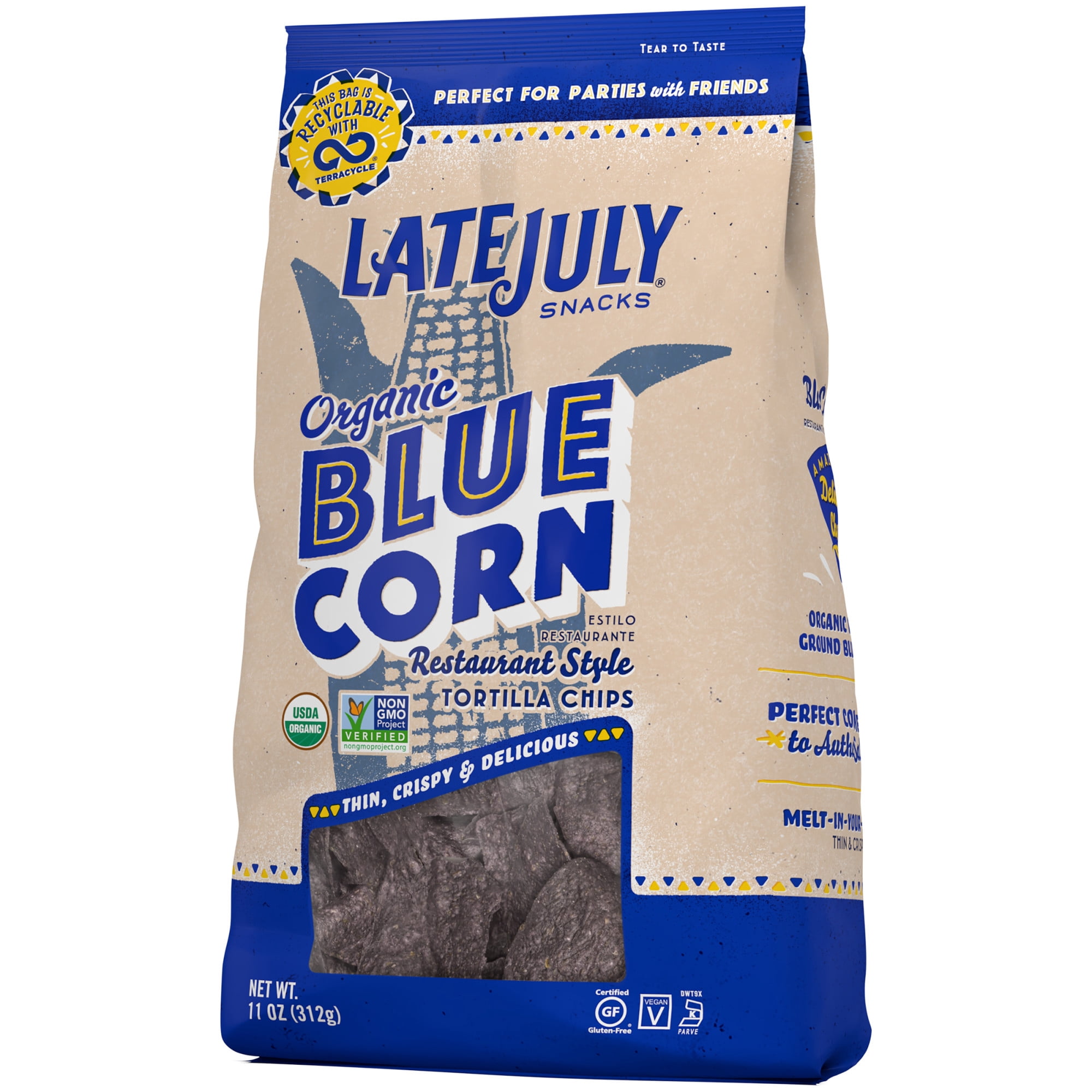 LATE JULY Snacks Restaurant Style Blue Corn Tortilla Chips, 11 oz. Bag