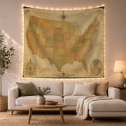 United States Map on Parchment with Compass Roses, Nostalgic Vintage for History Lovers, Cartography Decor, Housewarming Gift, Tapestry Wall Hanging for Study Room and Den