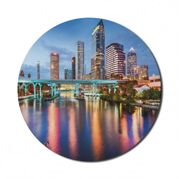 City Mouse Pad for Computers, Hillsborough River Tampa Florida USA Downtown Idyllic Evening at Business District, Round Non-Slip Thick Rubber Modern Mousepad, 8" Round, Multicolor, by Ambesonne