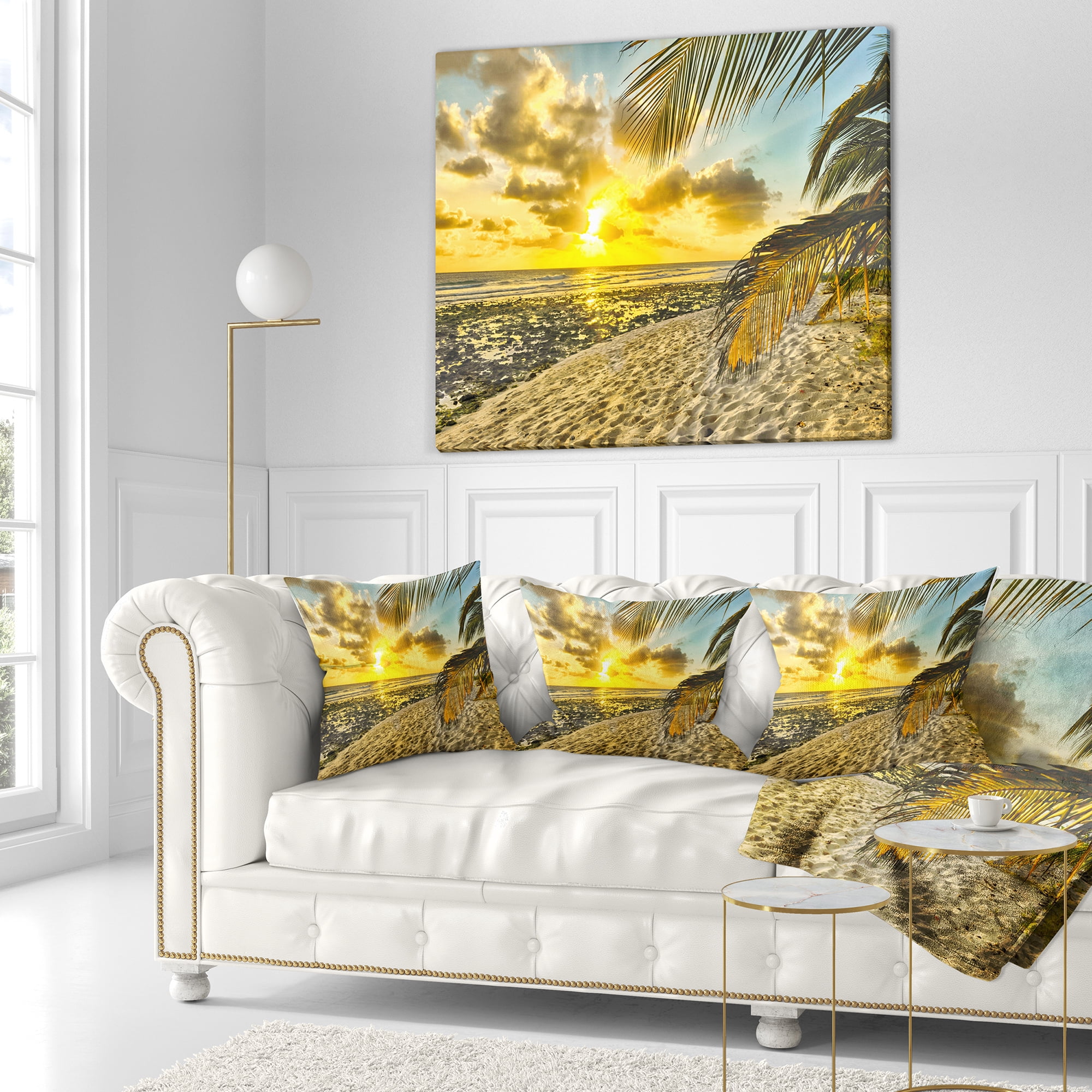 Designart White Caribbean Beach with Palms - Landscape Printed Throw Pillow - 16x16