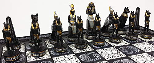 EGYPTIAN ANUBIS CHESS SET Gold & Silver Painted Men W/ 16" HIEROGLYPHICS BOARD 