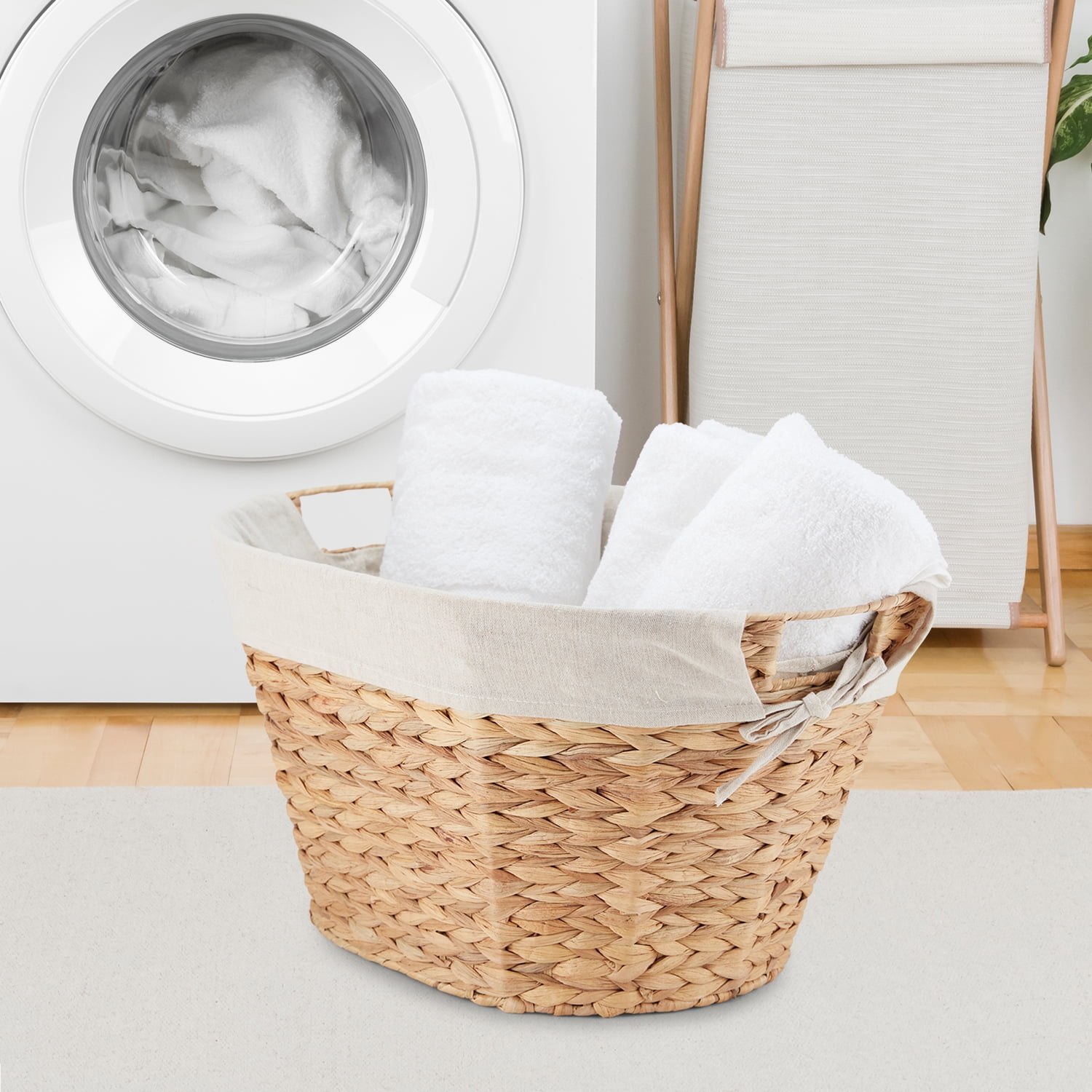 Better Home & Gardens, Braided Water Hyacinth, Laundry Basket, Natural, Hand Woven, Handles, Adult