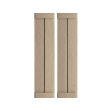 Ekena Millwork 11"W x 34"H Rustic Two Board Joined Board-n-Batten Rough Cedar Faux Wood Shutters w/End Batten (Per Pair), Primed Tan