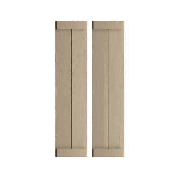 Ekena Millwork 11"W x 78"H Rustic Two Board Joined Board-n-Batten Rough Cedar Faux Wood Shutters w/End Batten (Per Pair), Primed Tan