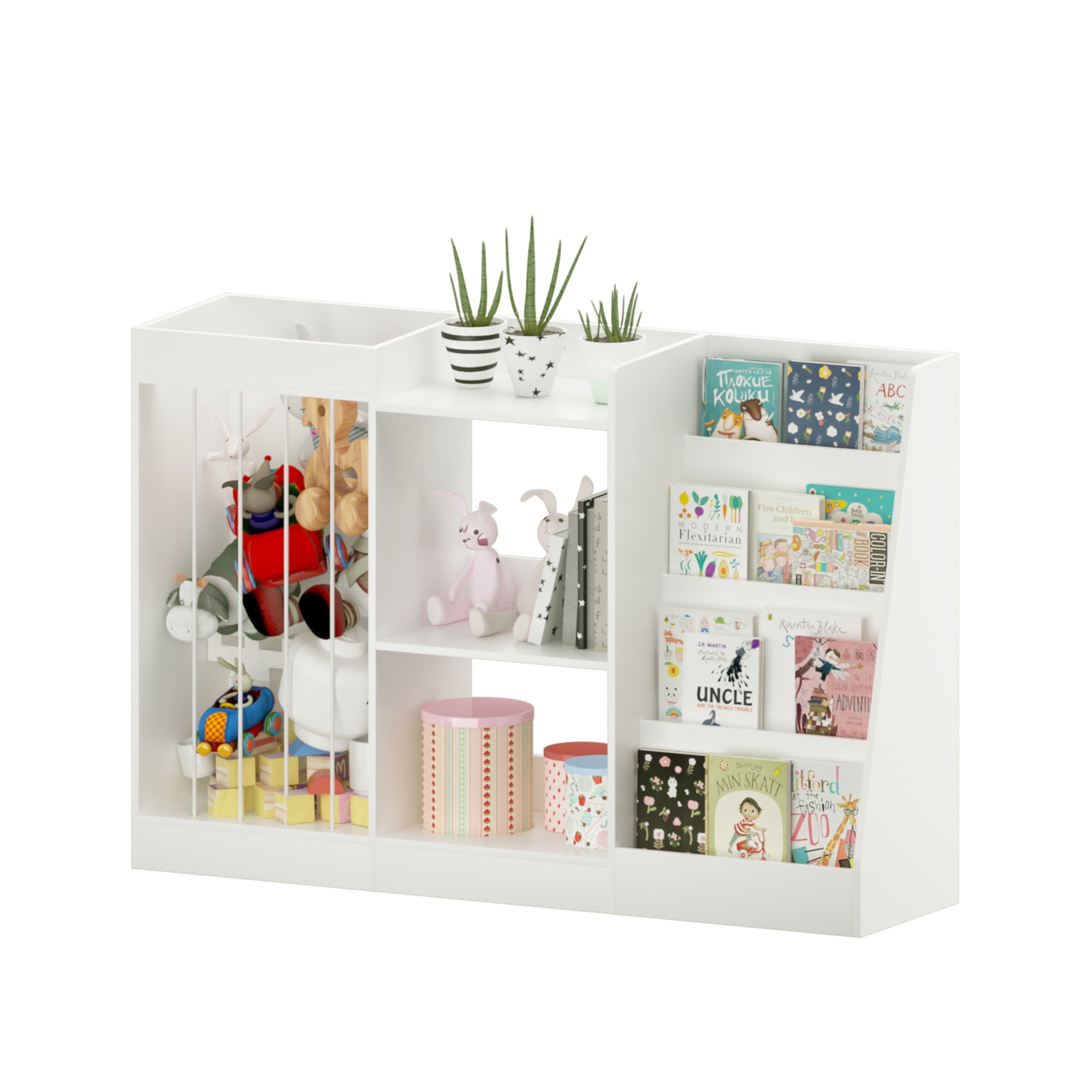 Noble House Kids Montessori Bookshelf, 3-Tier Toy Storage Organizer with Stuffed Animal Bin, Nursery, Playroom, White