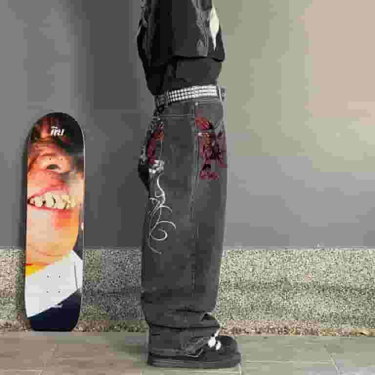 Street Vintage Harajuku Pattern Black Baggy Jeans Y2K Hip Street Vintage Harajuku Pattern Black Baggy Jeans Y2K Hip