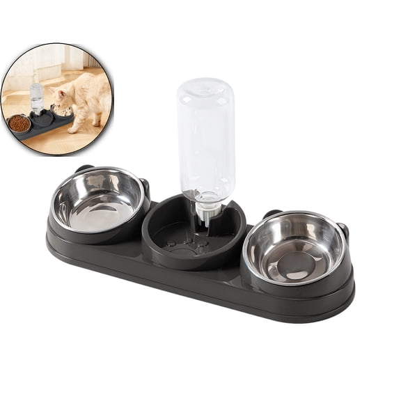WNFJR 3 in 1 Cat Bowl, Cat Food and Water Bowl Set with Water Dispenser and Stainless Steel Bowls, Tilted Pet Raised Three Bowls for Indoor Cats, Small or Medium Sized Dogs