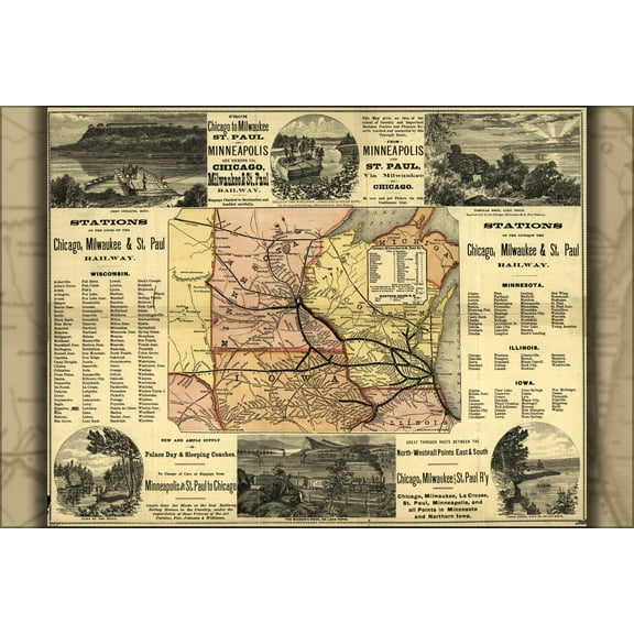 24"x36" Gallery Poster, map of Chicago Milwaukee & St. Paul Railroad 1874