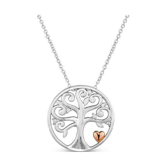 White Topaz Sterling Silver with Rose-Plated Heart Family Tree of Life Necklace, 18"