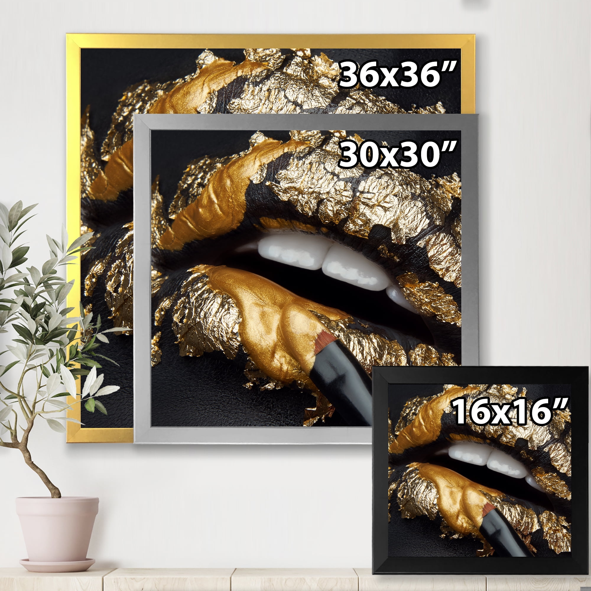 Designart 'Female Lips With Black Leather and Gold Foil' Modern Framed Art Print