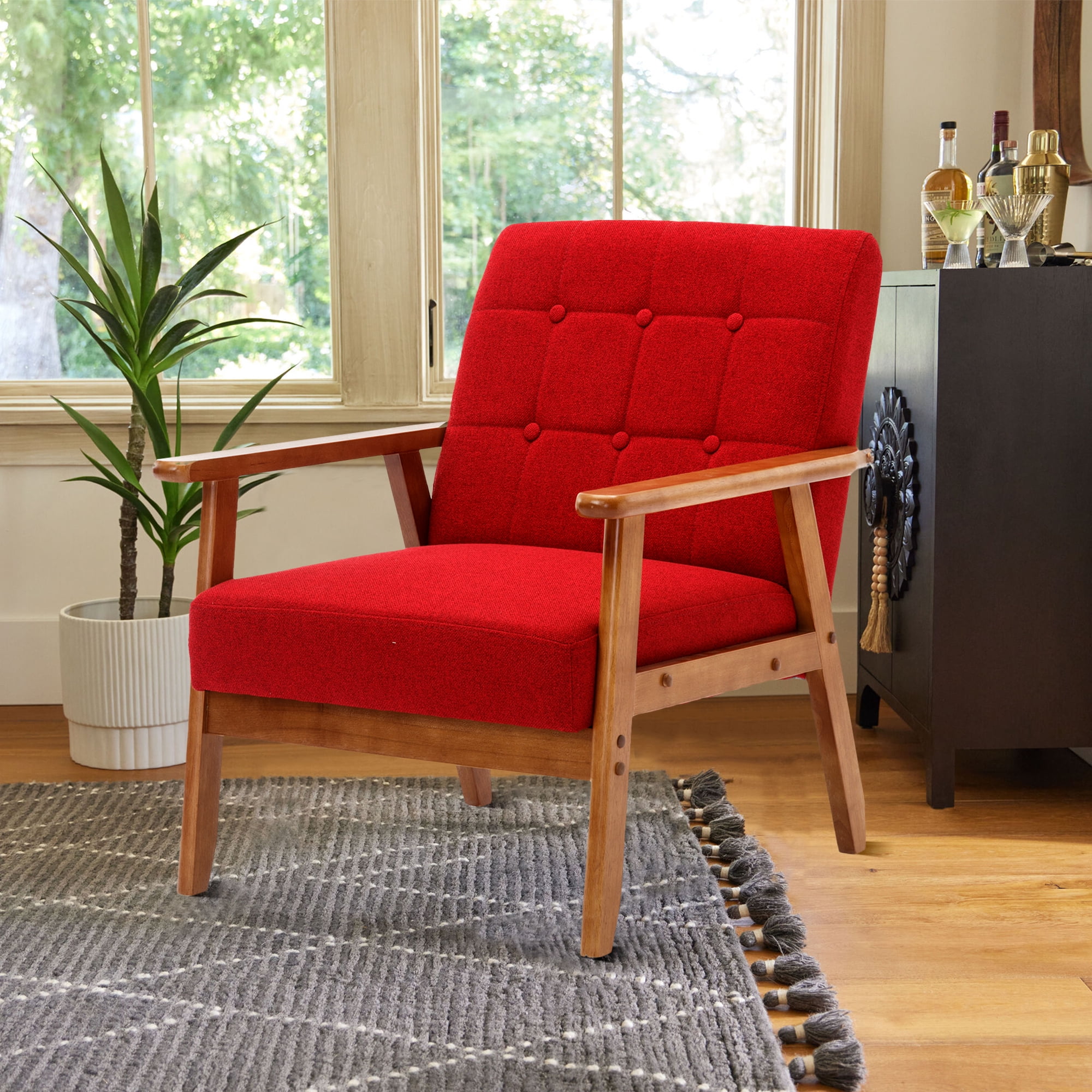 Miniyam Mid Century Modern Accent Chair with Wood Frame,Linen Fabric Single Reading Chair,Armchair for Living Room Bedroom Home Belcony Office,Red