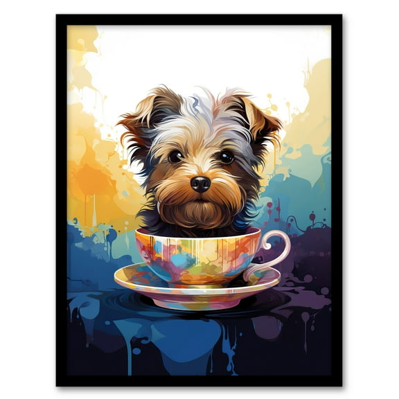 Tea Cup Yorkshire Terrier Dog Lover Gift Pet Portrait Blue Purple Orange Artwork Painting Art Print Framed Poster Wall Decor 12x16 inch