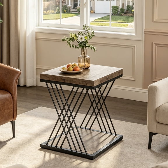 Fnova Modern Square End Table, 2-Tier Narrow Wood Side Table with Storage Shelf, Nightstand with Faux Marble Top and X-Shaped Metal Frame, Easy Assembly, for Living Room, Bedroom, Entryway